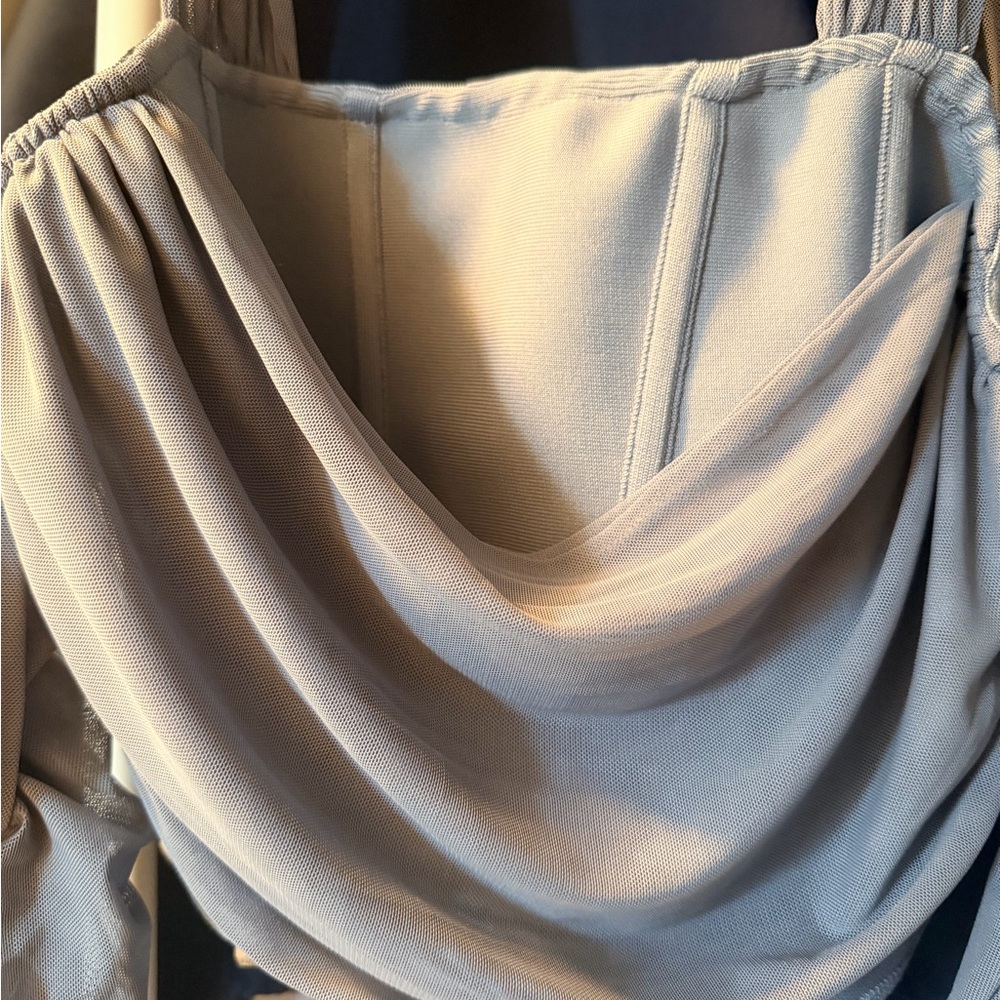 Draped Cowl Neck Top in Light Gray/Blue